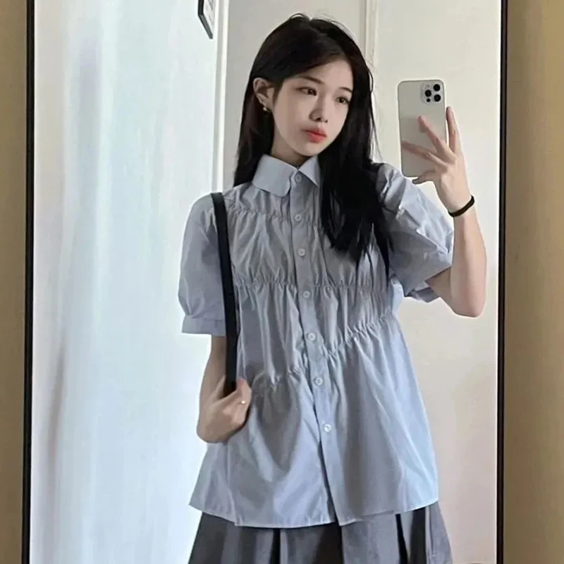 

Shirt Women Blue Folds Preppy Style Turn Down Collar Short Sleeve Top Korean Fashion Solid Elegant Chic Blouse Female New