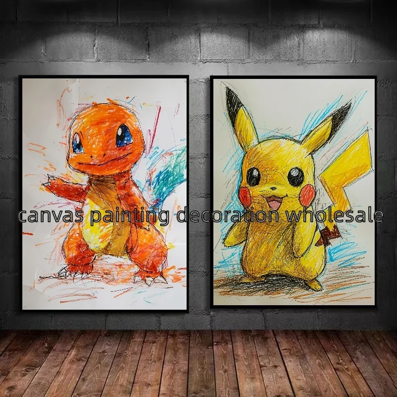 Wall Art High Quality Home Decor Anime Pokemon Poster Sketch Style Watercolor Print Canvas Painting Pikachu Bulbasaur Charmander