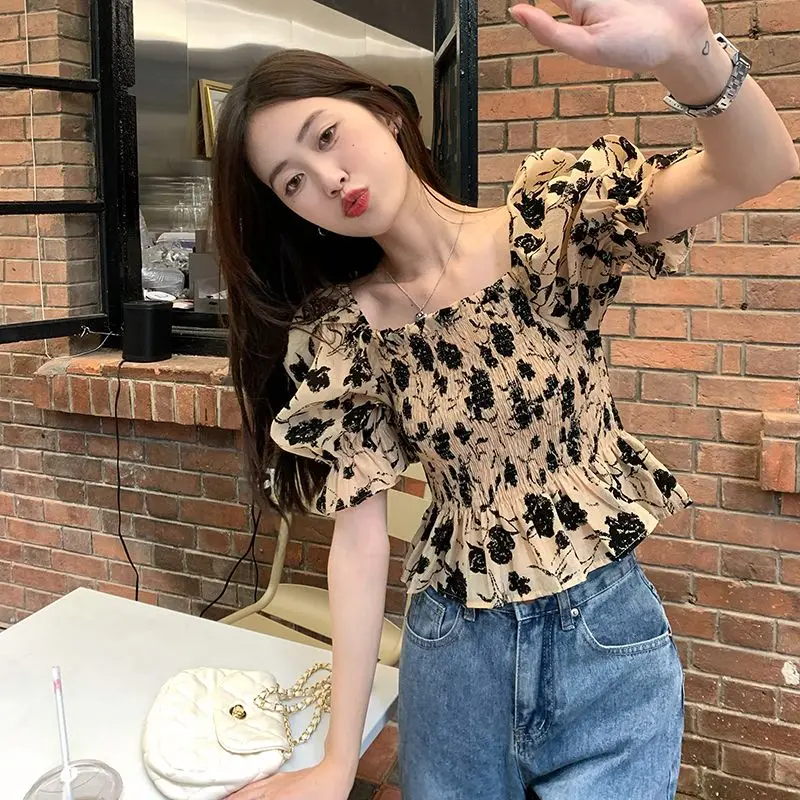 2024 New Fashion Square Collar Folds Puff Sleeve Sweet Floral T-Shirt Summer Female Clothing Loose Casual Tops Korean Tee Shir