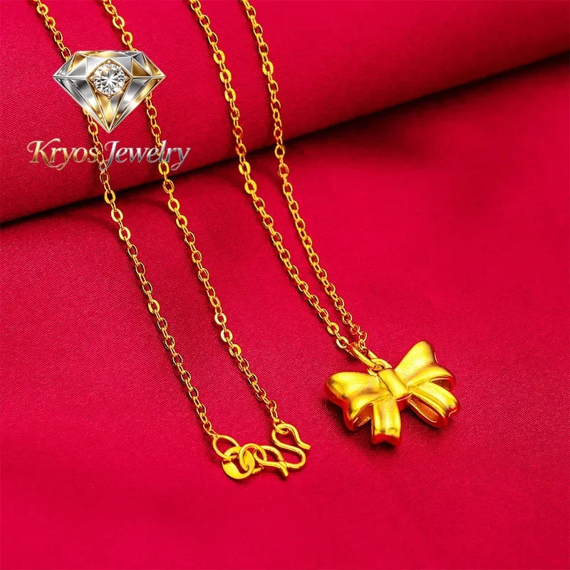 Kryos Jewelry 24K Gold Bowknot Women's Necklace, AU999 Pure Gold - Vietnam Chain Style, Bowknot Texture + Sand Gold Refraction