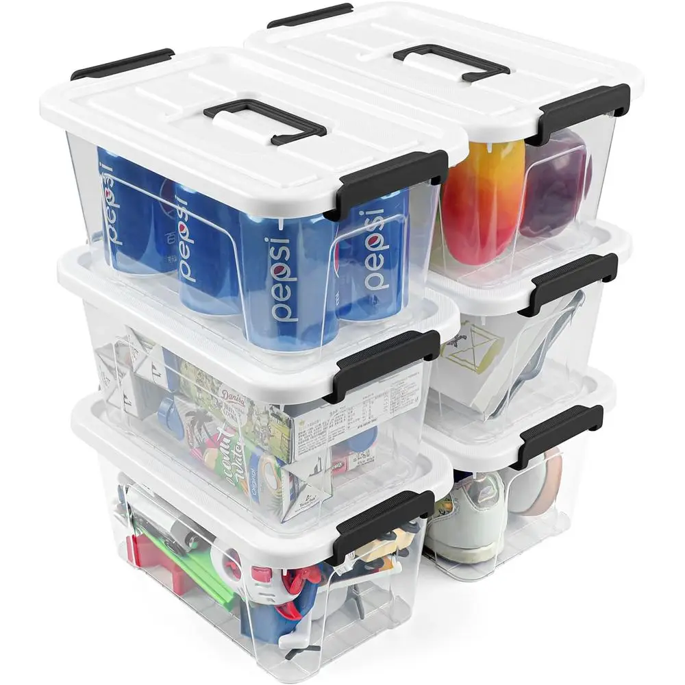 

Plastic Storage Bins With Lids 6 Pack Storage Organizer Bins, 7 Quart Stackable Storage Bins with Lids and Black Handle Buckle E