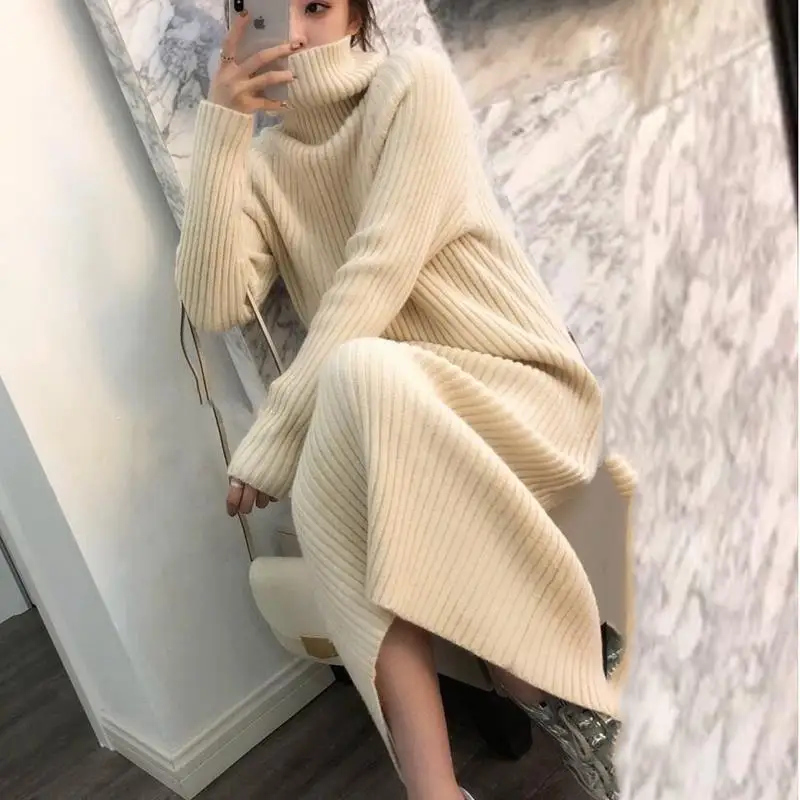 Turtleneck Loose Knitted Sweater Dress Korean Knitwear Long Dresses Thick Elegant Casual Vestidos Women Fall Winter New Robe