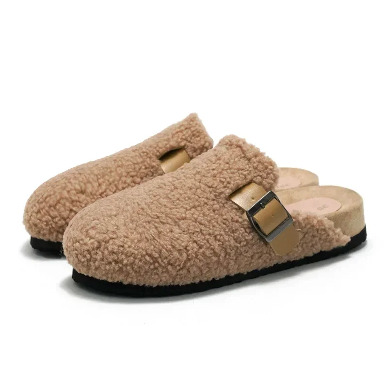 2024 Autumn/Winter Women's Cork Slippers Lamb Fleece Outer Wear Slippers Men's Comfort Warm Tide Outdoor EVA Home Slippers