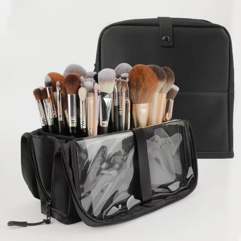 Large Black Foldable Makeup Bag 14-40 Hole Storage Organizer for Beauty Brushes Cosmetic Pouch with Handles