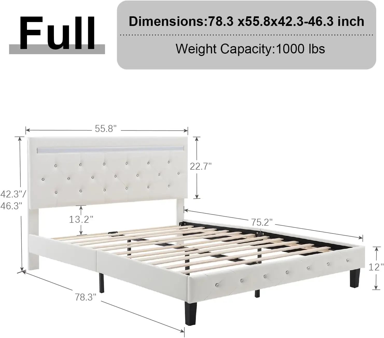 Full Size Bed Frame with LED Lights, Bed Frame, Adjustable Headboard with Charging Station, No Box Spring Needed, White