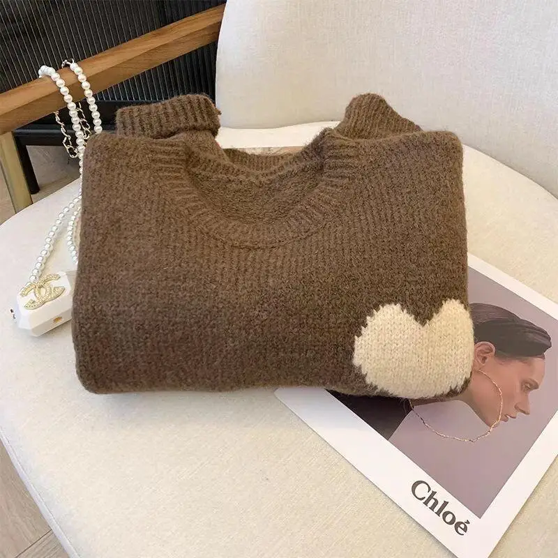 Pull en tricot pour femme, japonais, paresseux, rétro, cœur brodé, automne hiver, nouveau, doux, ample, rond