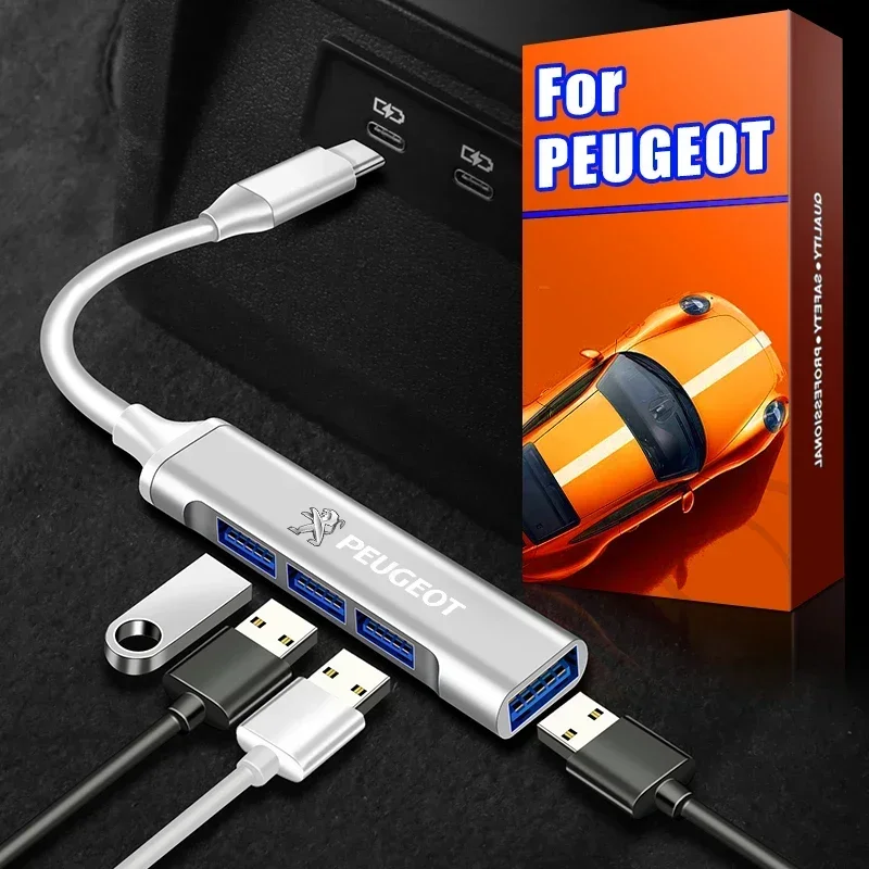 Type-C Turn USB Adapter Multi Port Distributor Hub Car Accessories For Peugeot 3008 4008 2008 5008 4007 6008 Wheel Center Caps view 3