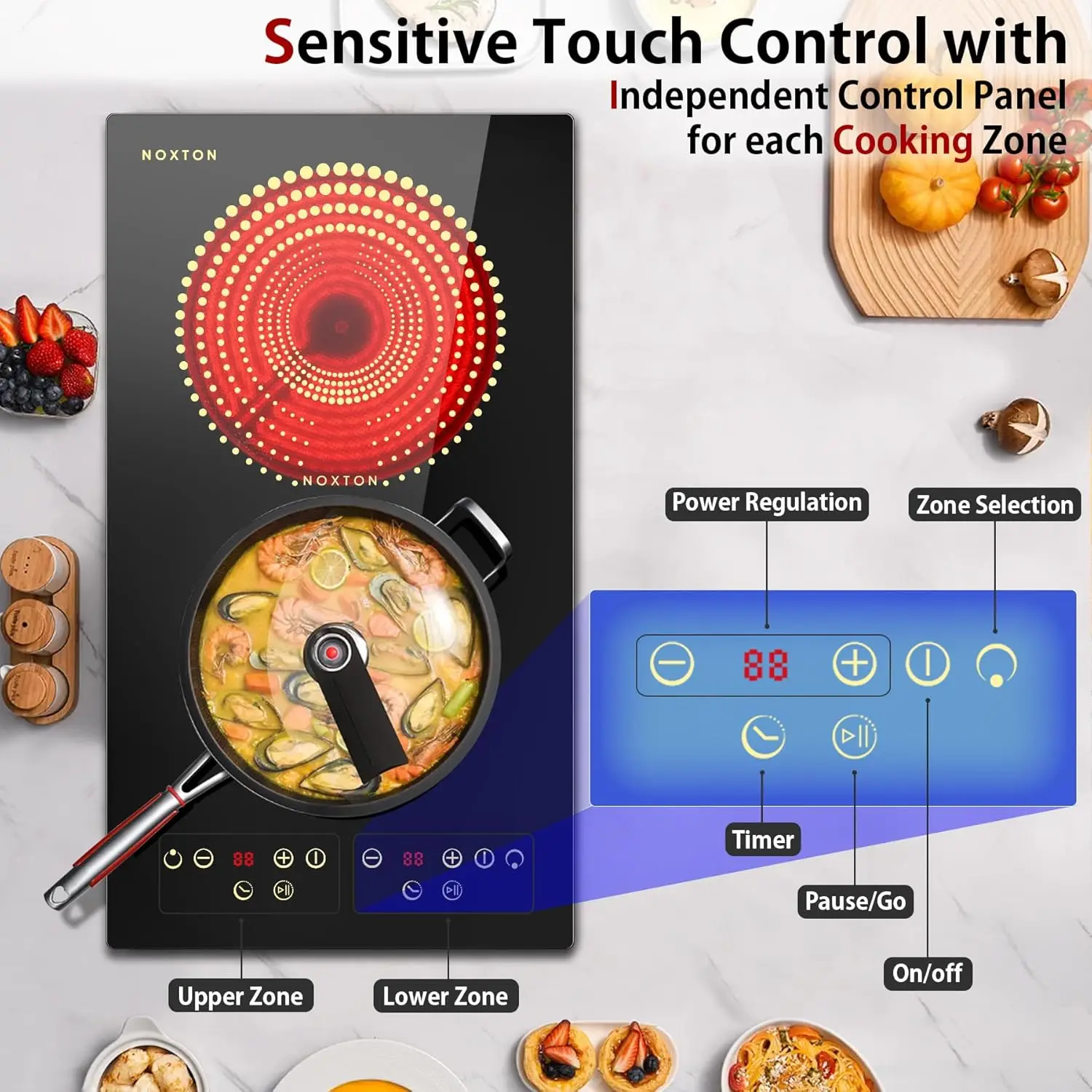 เตาเซรามิก NOXTON 2 โซน, ปลั๊กอิน US:110-120V/EU-UK:220-240V, ด้านบนเคาน์เตอร์และเตาตั้งพื้นไฟฟ้าในตัว, ตัวจับเวลา 99 นาที, ล็อคความปลอดภัย