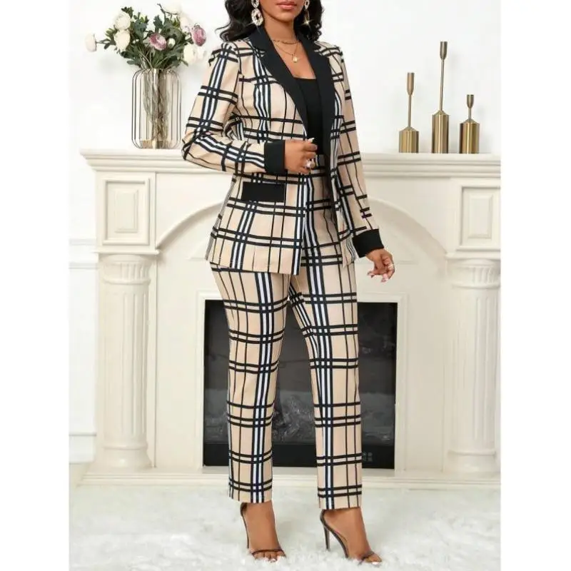 

Women's Plaid Print Suit Jaet Bla Collar Sewing Tead 9340 Sle Casual Sportswear Set Autumn Seven Sve Length