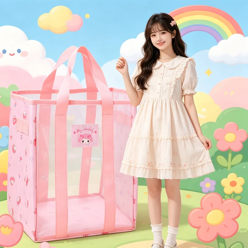 

Hello Kittys Cosmetic Bag My Melody Fold Leisure Portable Cartoon Mesh Tote Bag Super Light Beach Storage Bags for Woman
