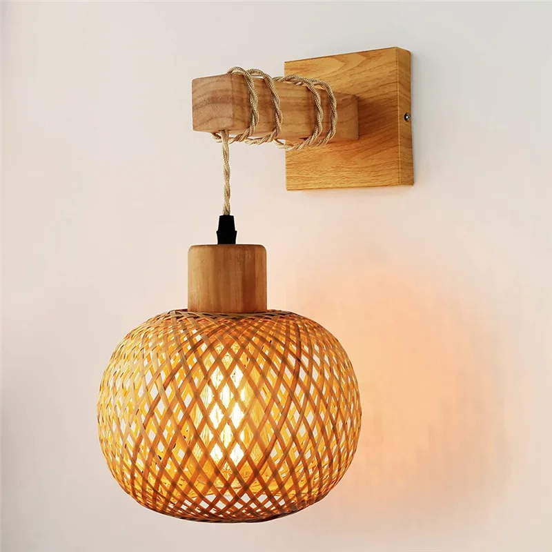 ABZV-Retro Wandleuchte, gewebtes Rattan, Holz, Wandleuchte, Wohnzimmer, Nachttischlampe, Vintage-Schlafzimmer, Dekoration, Beleuchtung-A