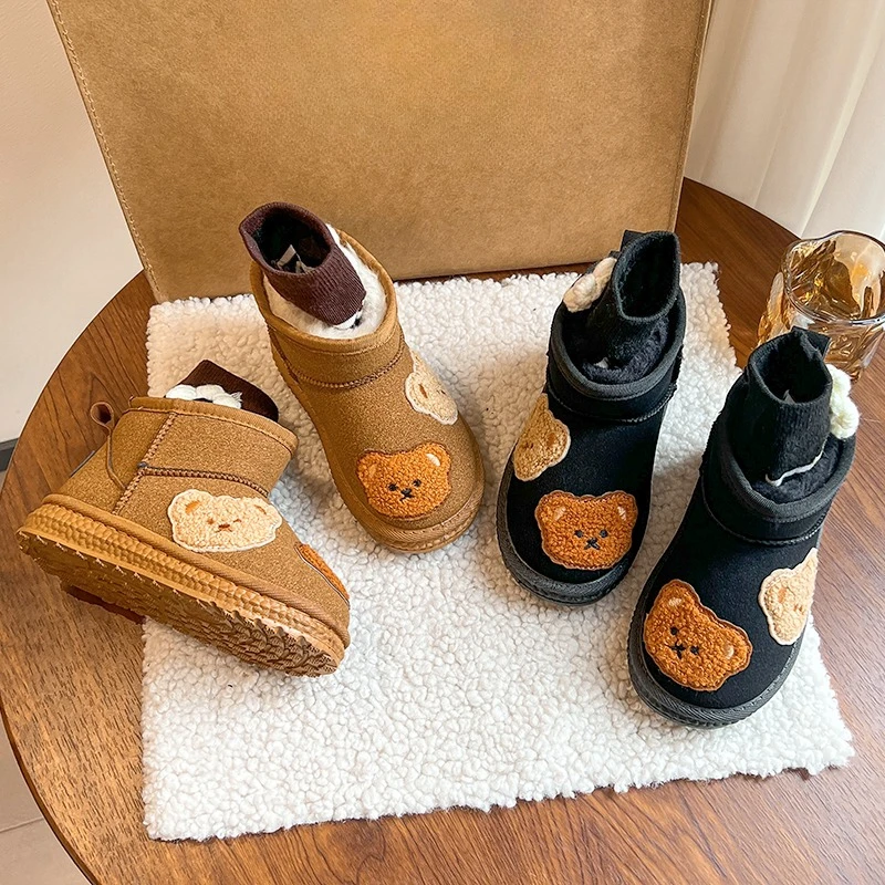 

Kids Snow Boots with Cute Bears Children Short Boots Warm Plush Soft 2026 New Fashion Boys Girls Casual Boots Non-slip Comfort