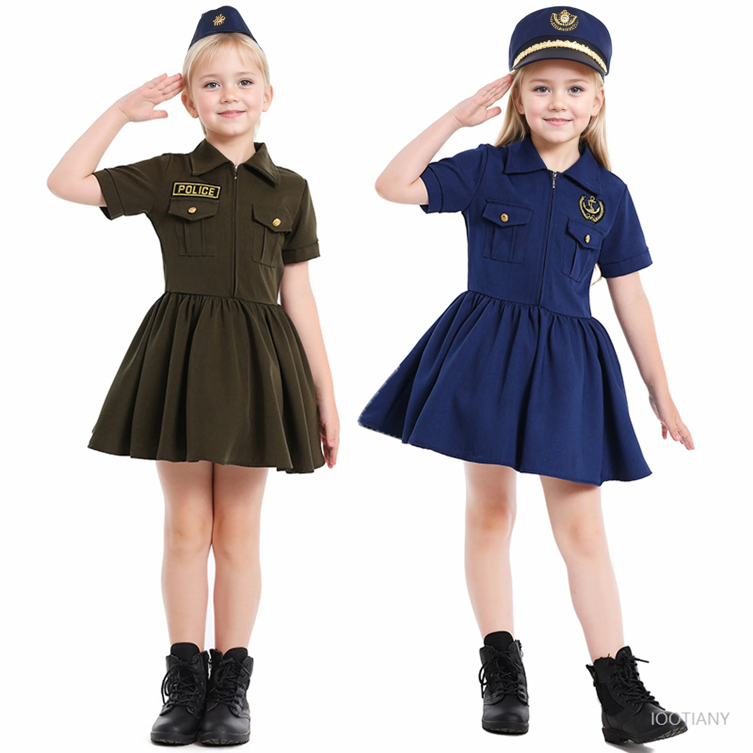 

Children's New Navy Police Costume Suit Halloween Cosplay Agent Military Costume Carnival Party Military Green Zipper Spy Dress