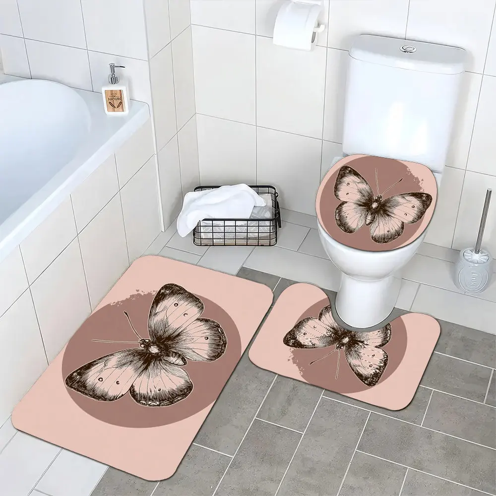 Butterfly Bathroom Mat Set 3 Pieces Cute Insect Design for Modern Bathroom Decor Toilet Rug Vanity Mat