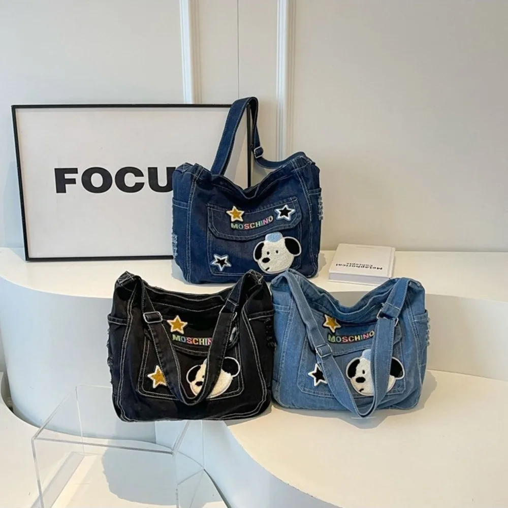 Cartoon Embroidery Denim Canvas Shoulder Bag Handbag Casual Messenger Bag Daily Commuting Bag Large Capacity Travel Totes Bag