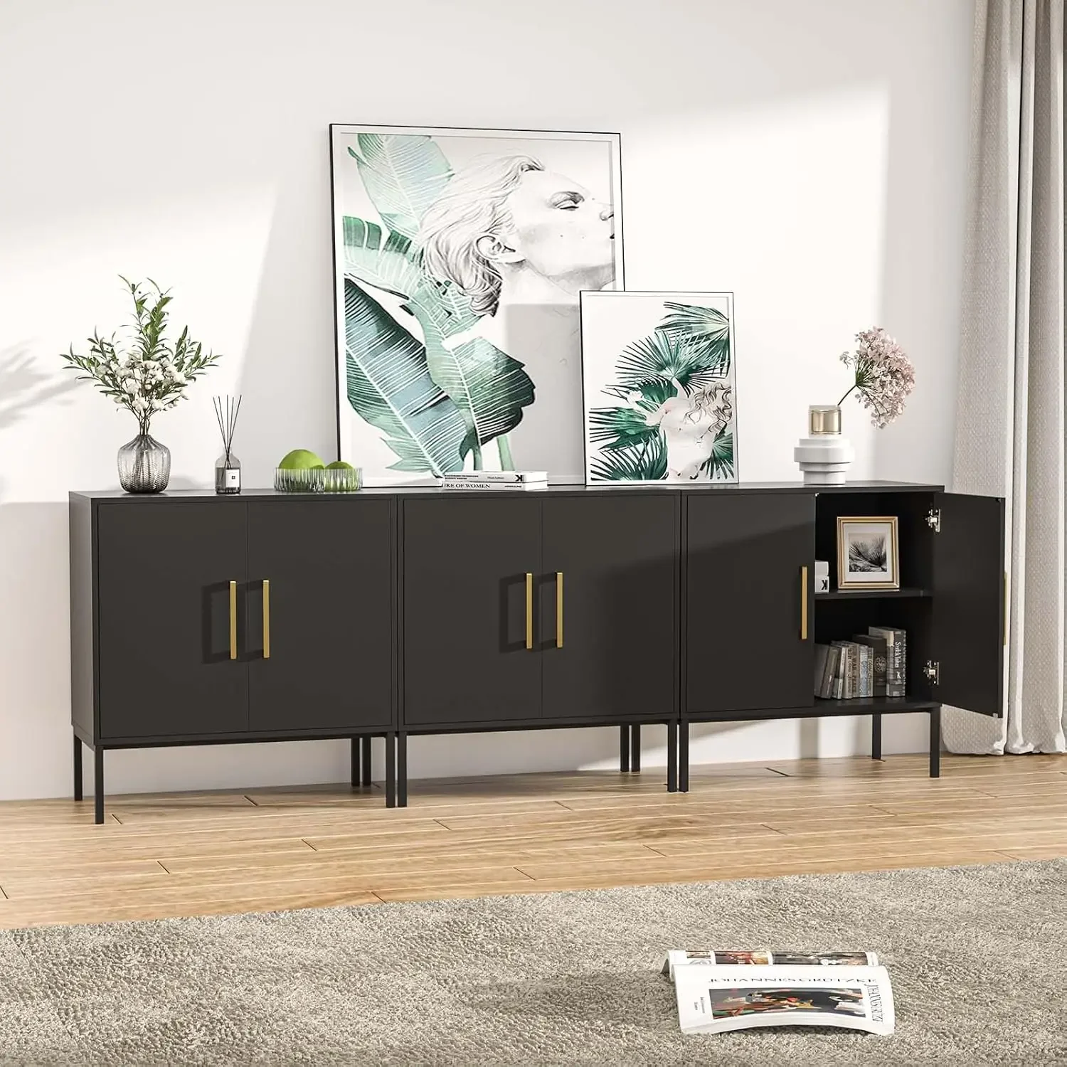 LYNSOM Set di 3 armadietti accentati con ante e ripiano regolabile, credenza moderna indipendente per buffet