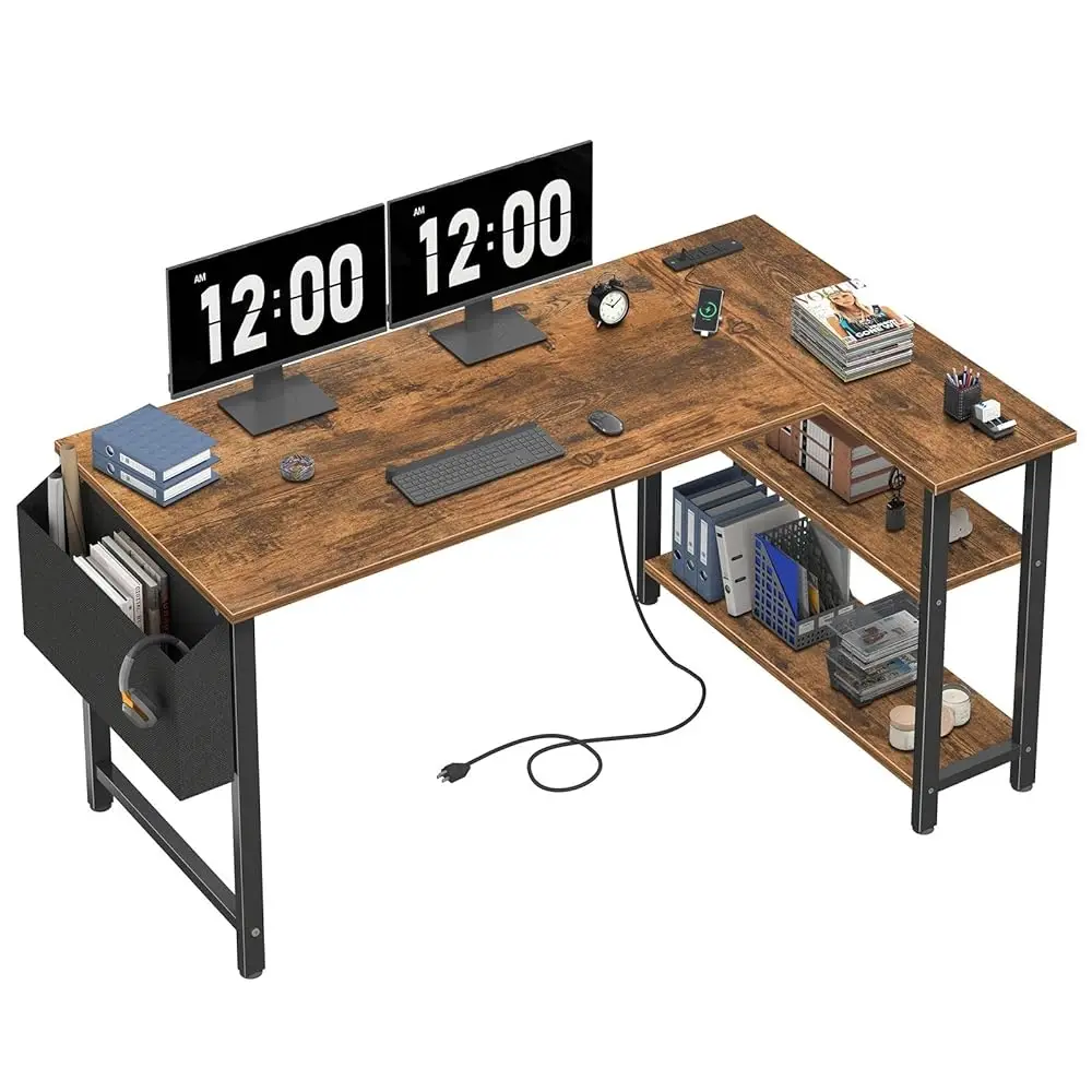 

L Shaped Computer Desk With Power Outlet Shelves, 47 H Corner Desk For Home Office Bedroom, L-Shaped Study Writing Working Pc