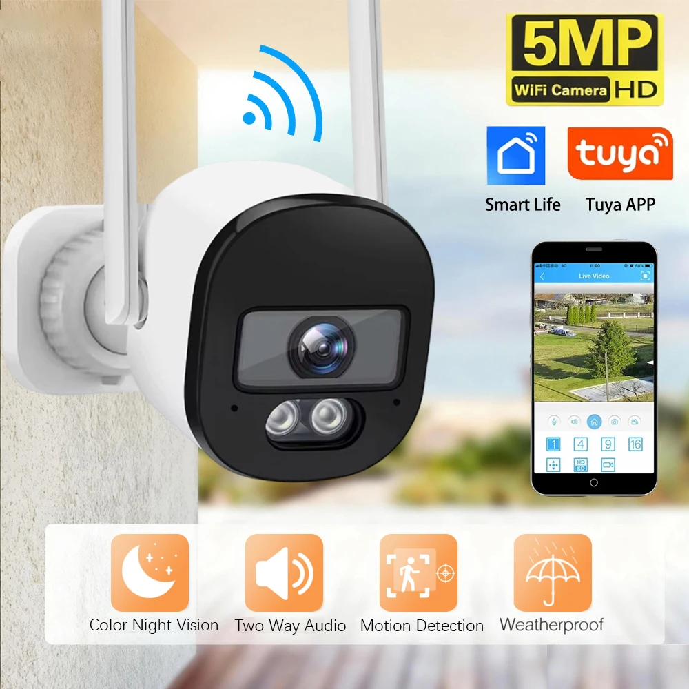 

5MP TUYA Smart Life Wifi Camera Outdoor Wireless Security CCTV Waterproof Color Night Vision Two Way Audio Camera Baby Monitor