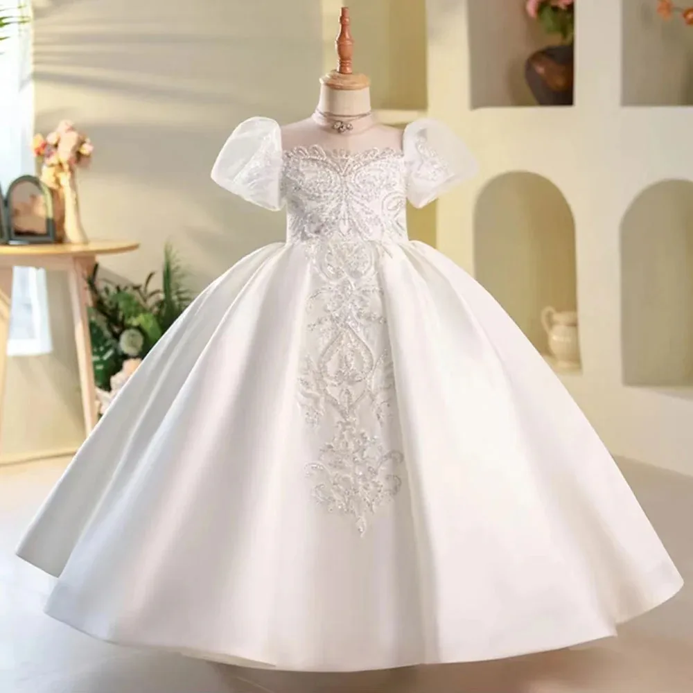 2025 New Satin Girls Dress Puff Sleeve Simple White Princess Gown Luxury Children Piano Party Flower Girl Performance Birthday