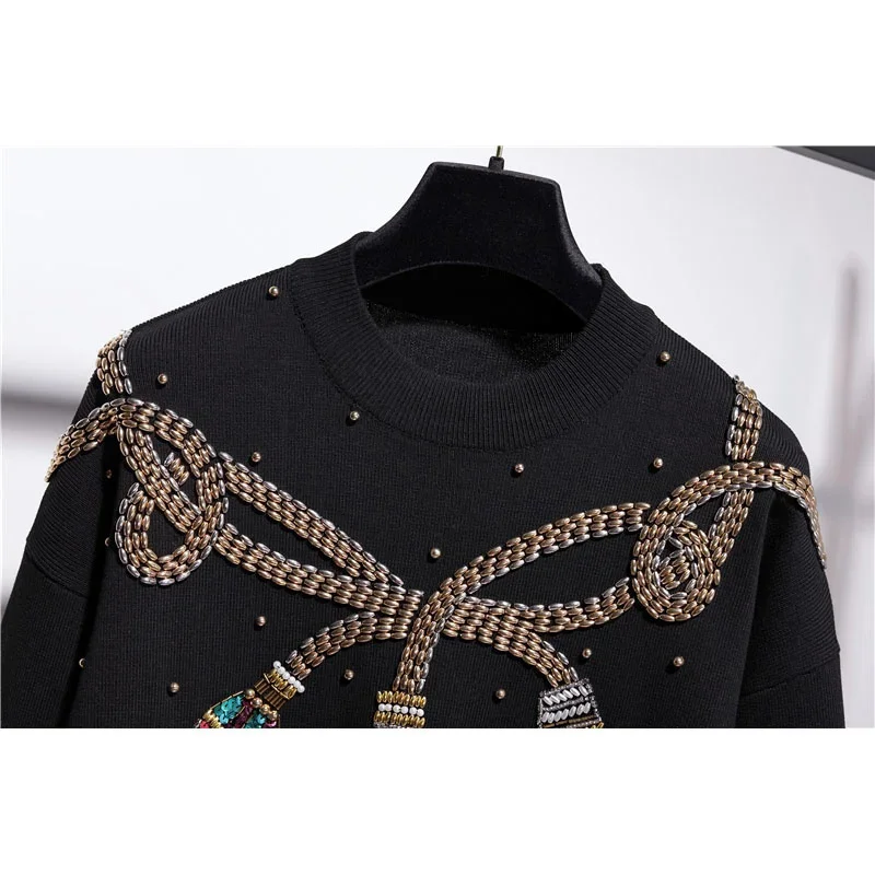 Spring Women Beaded Sequin Black Pullover Sweater Long Knit Pants Casual Two Piece Loose Knitted Tracksuit Female Outfits