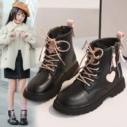 Girls Ankle Boots 2024 New Kids Sweet Love Heart Short Boots Girls British Elegant Boot with Double Side Zip Wear-resistant Cute