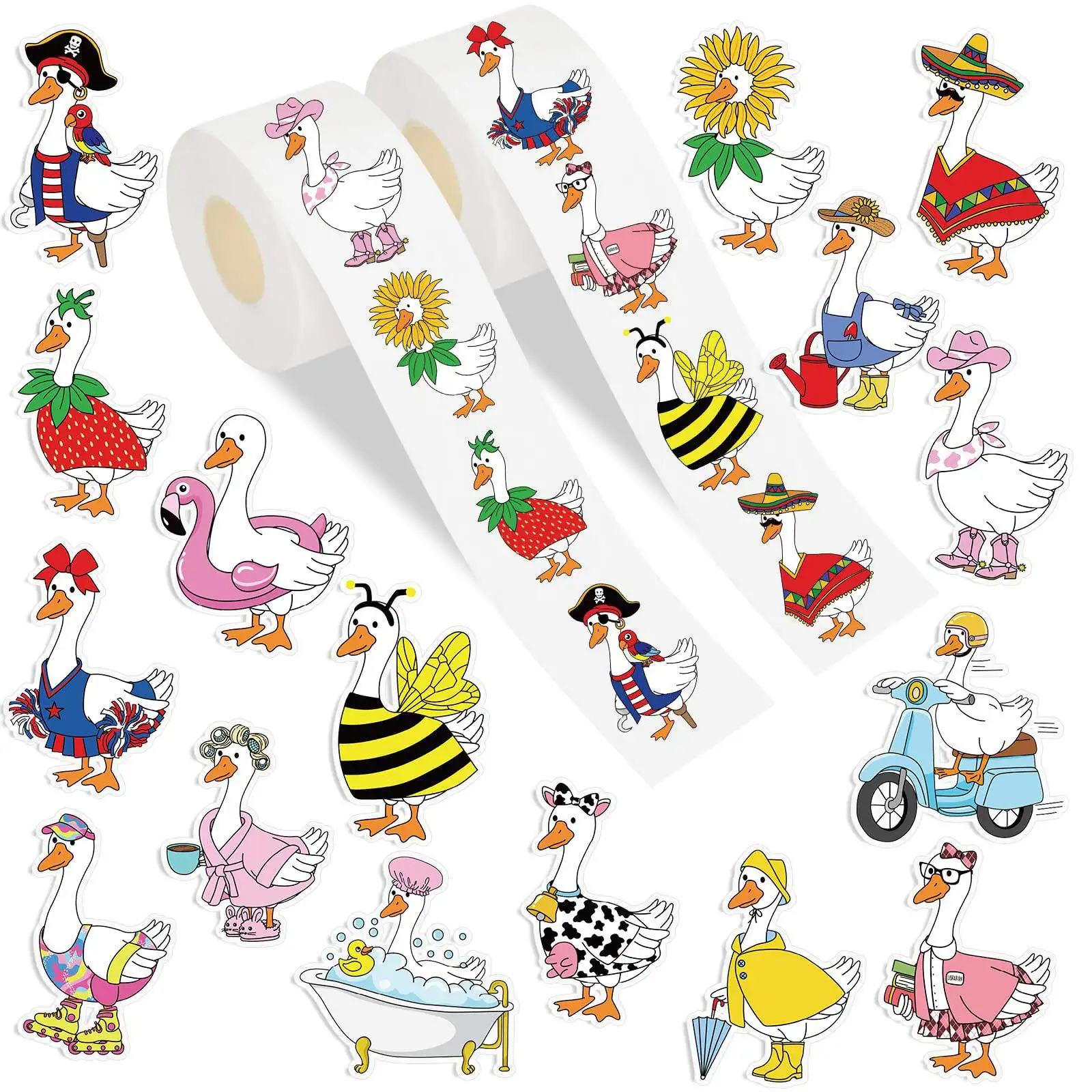 500Pcs Summer Silly Goose Roll Stickers Funny Bee Swimming Surfing Patterns Goose Stickers, Cute Summer Hawaii Waterproof Decal