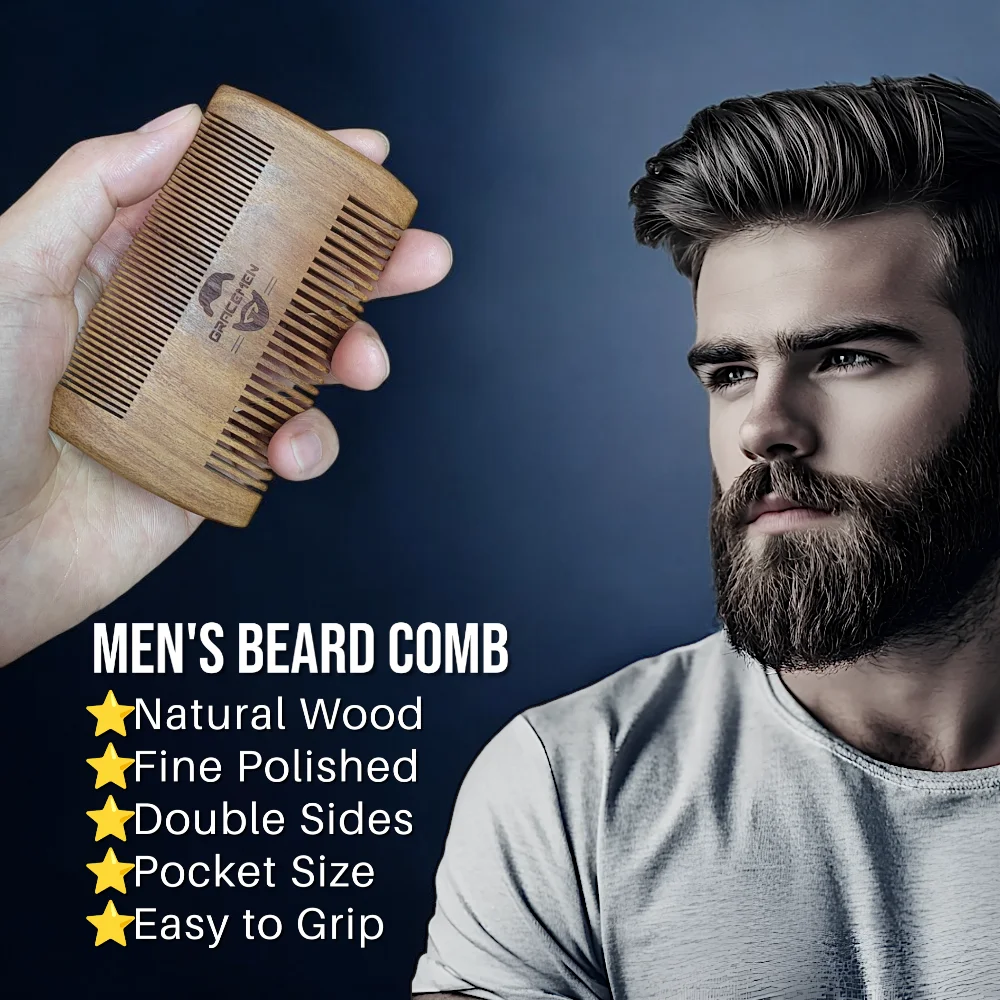 The Gracemen Natrual Wood Double Sides Fine Teeth &Wide Teeth Beard Comb for Men Pocket Sized Hair Comb with PU Leather Sleeve