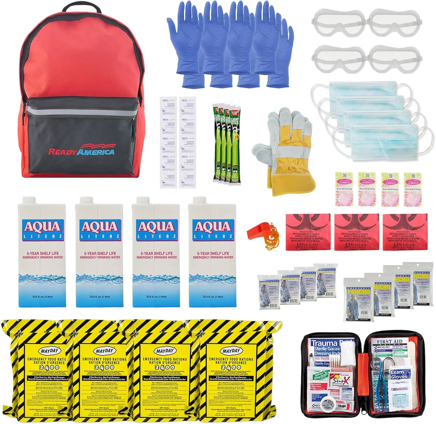 

72-Hour Emergency Kit for 4 People, 3-Day Backpack with First Aid, Survival Blanket, Food - Portable Disaster Go-Bag