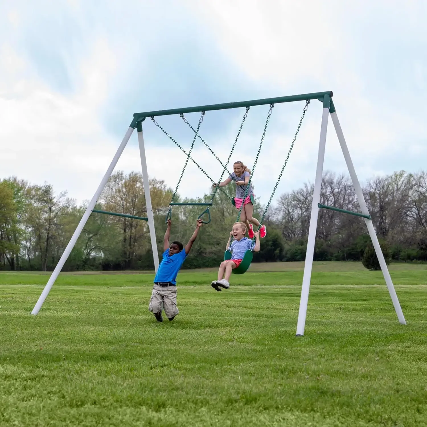 Discover Big Brutus Metal Swing Set, 10 Ft Tall, 2 Belt Swings, Trapeze Bar, Heavy Duty, Thick, Powder Coated Steel, We Yoga