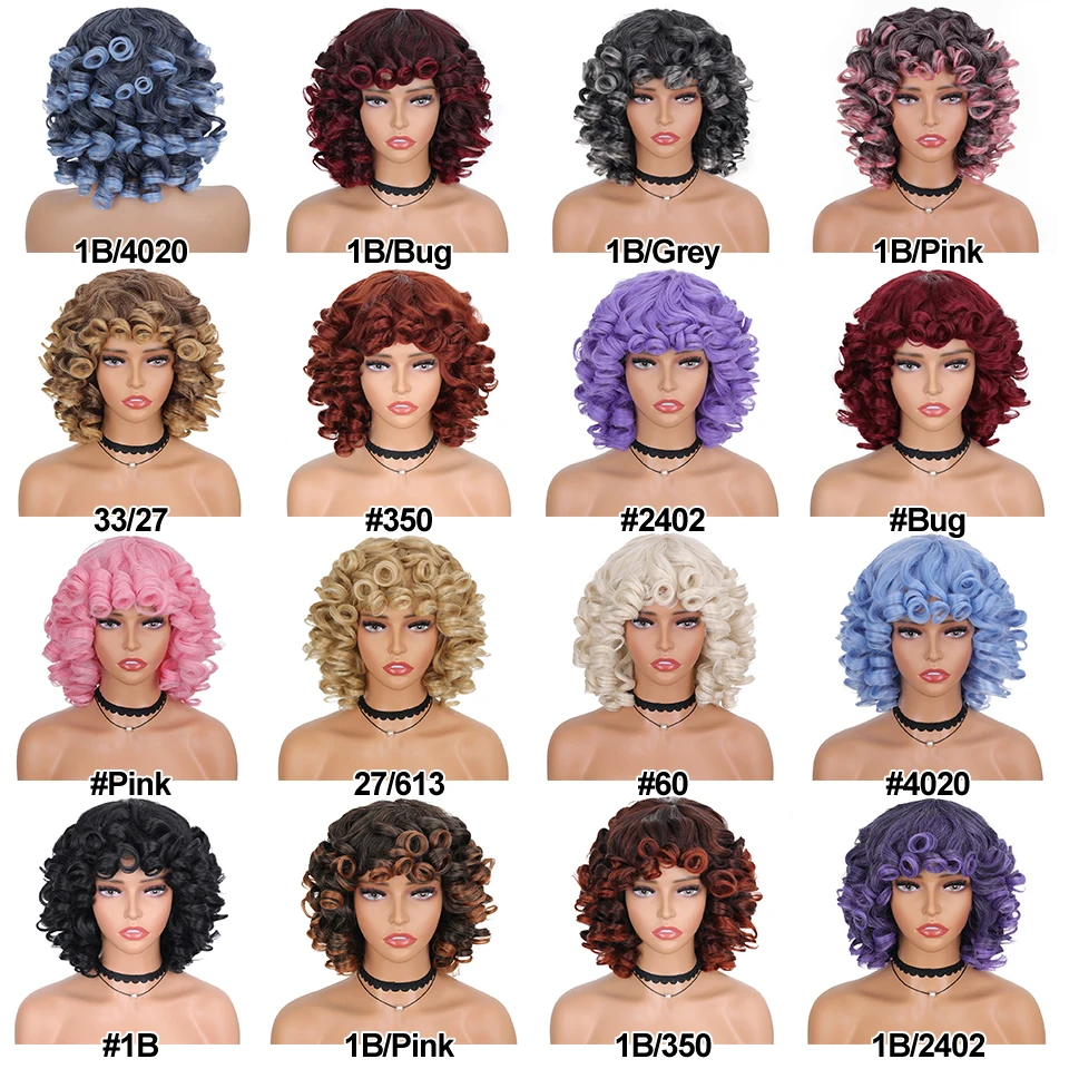 Kurze Haare Afro Verworrene Lockige Perücken Synthetische Mit Pony Für Schwarze Frauen Flauschige Afrikanische Ombre Cosplay Natürliche Braune Perücken Afro YOKAS – Detail 4