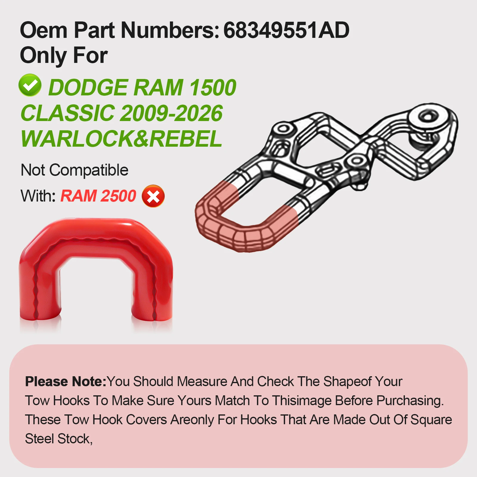 Tow Hitch Covers for Dodge RAM 1500 Classic 2009-2026 Warlock & Rebel, U-Shape, Tow Hook Cover Accessories view 4