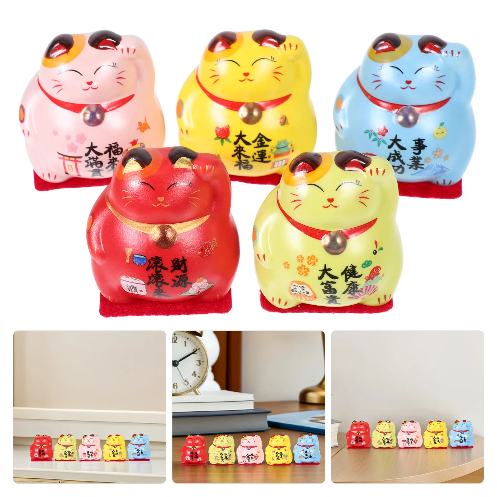 

5pcs Miniature Ceramic Lucky Cat Set Small Figurines For Desk Bookshelf Car Dashboard Home Office Decor Japanese Style Wealth