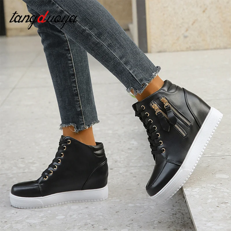 Platform trainers women high top sneakers hidden heel double zipper leather shoes casual ankle boots for women black