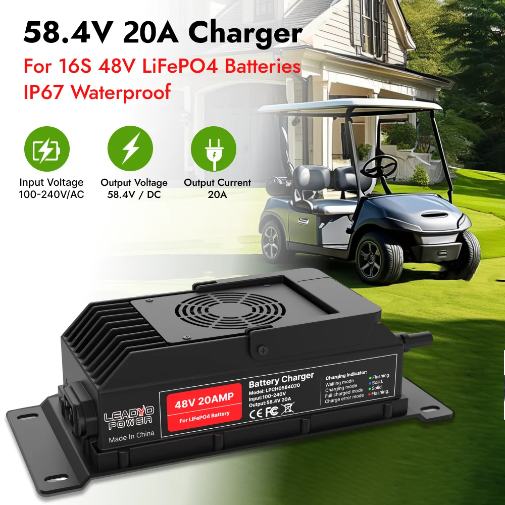 58.4V 20A Battery Charger for 48V 16S LFP Lifepo4 Battery Suitable Golf Cart Truck Forklift with Waterproof Plug Battery Charger