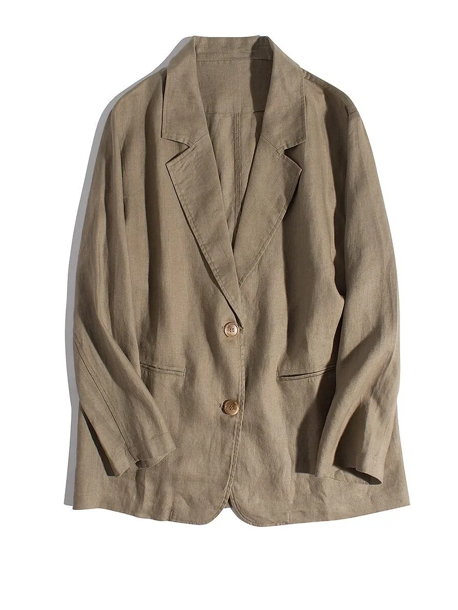 

Spring 2026 Loose Fit Long Sleeve Linen Suit Jacket Double Pocket Notch Collar Large Size Women's Casual Fashion Outerwear