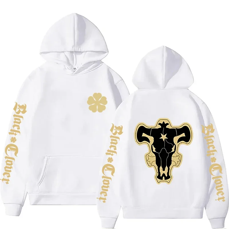 2026 Herbst Black Clover Black Bull Hoodie mit mehreren Prints, vorne mit Kleeblatt-Emblem, hinten mit Bullenschädel, Unisex, Oversized, Y2K-Hoodie – Detail 7