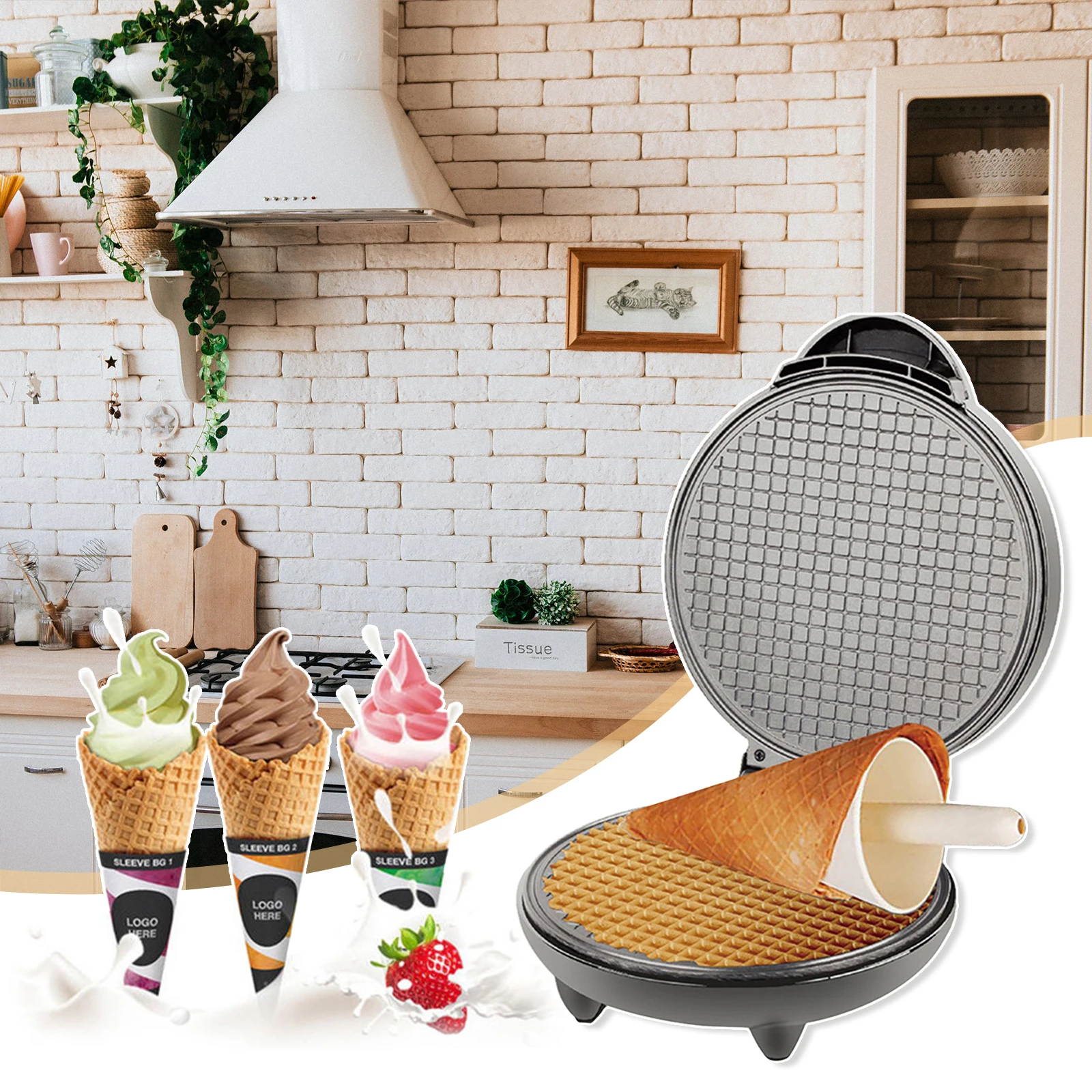 1200W Electric Ice Cream Cone Maker with Roller Waffle Cone and Bowl Maker Nonstick Waffle Baking Iron Machine Stainless Steel