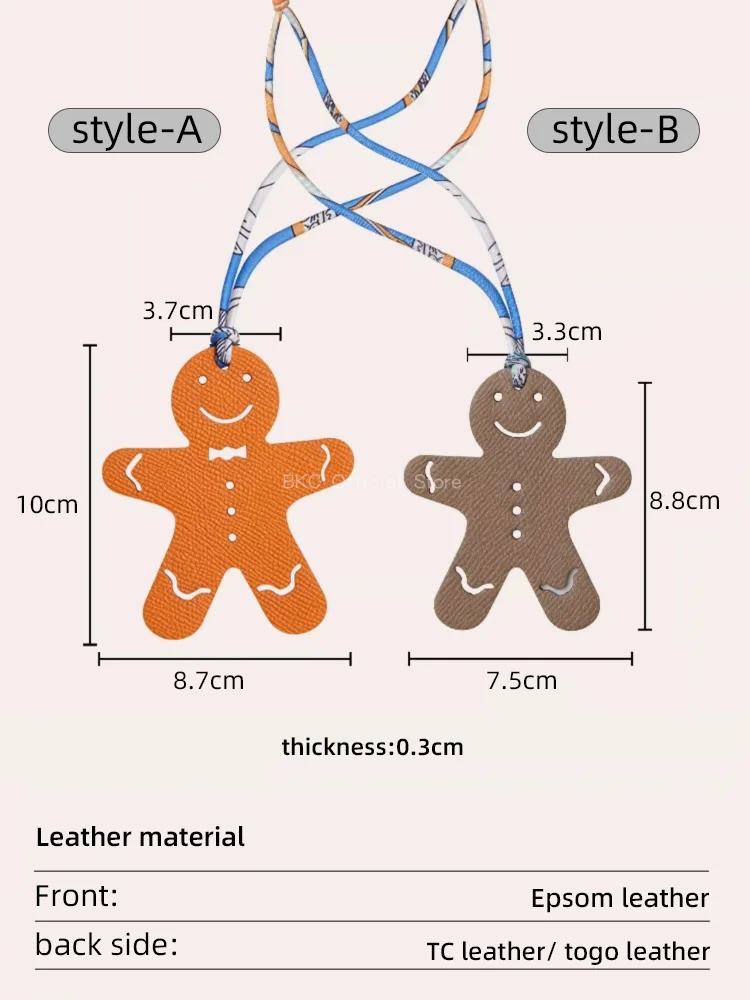 Handmade Gingerbread Man Bag Charm, Double-sided Epsom & TC Leather Cute Pendant, couple Fashion Bag Accessory for Gift
