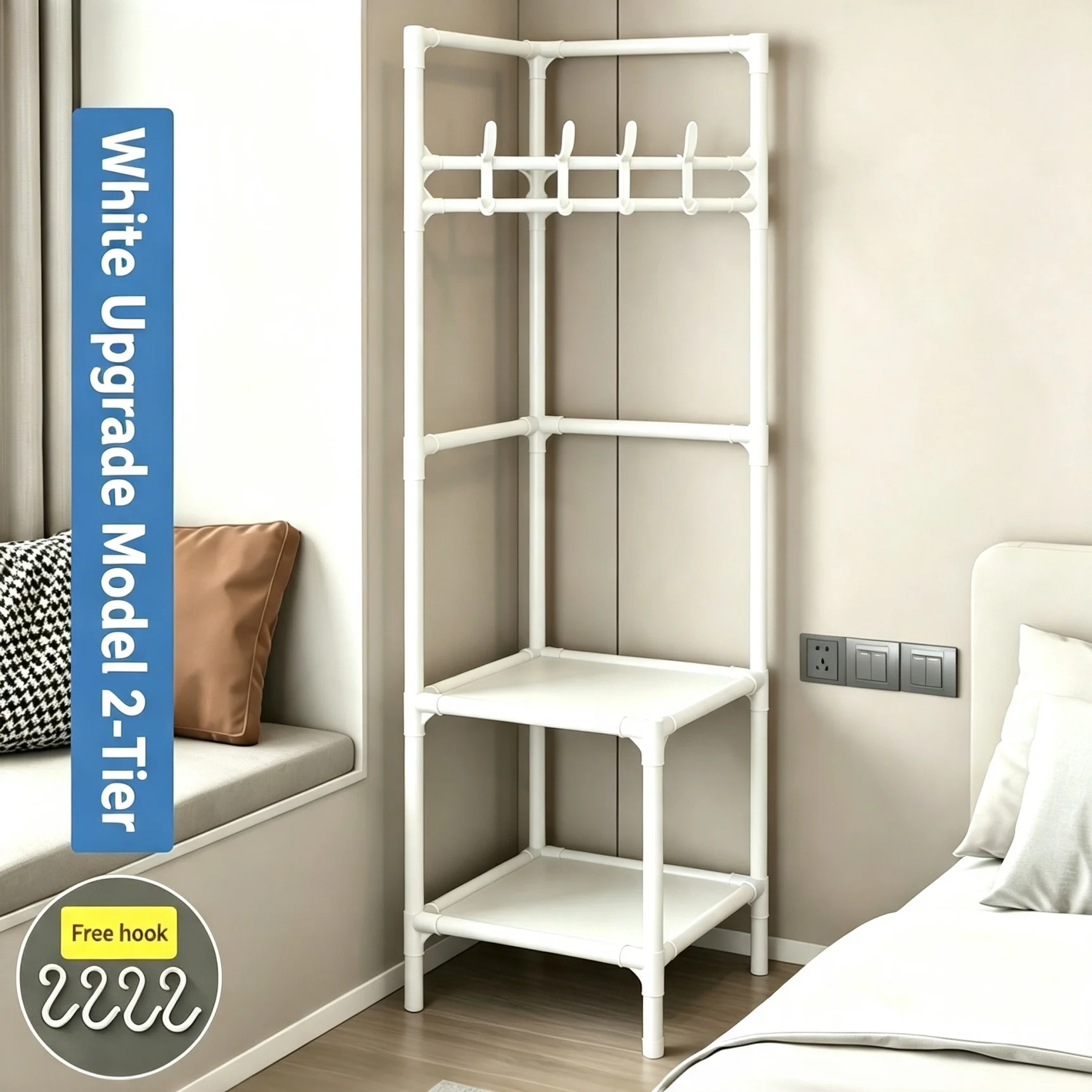 Corner Garment Rack with Storage Shelves, Freestanding Corner Coat Stand for Bedroom Small Apartment