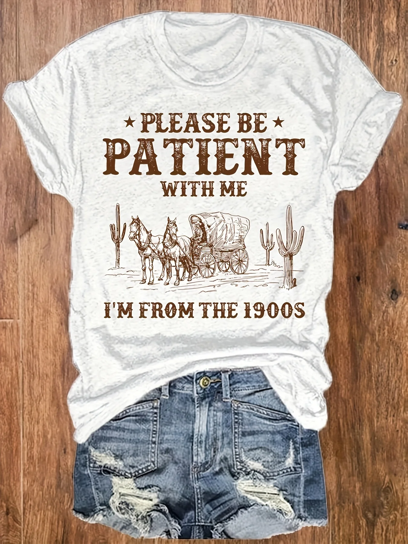 Please Be Patient With Me Women's Tee - Vintage 1900s Western Cactus Graphic White Top