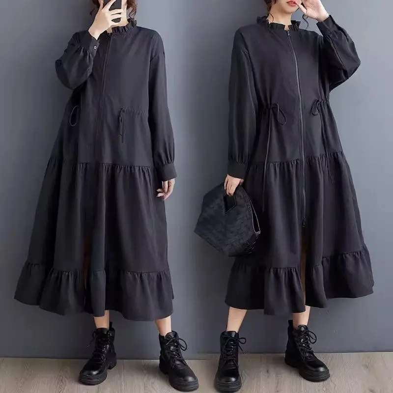 

Jacket Dresses For Women 2024 Autumn Spring New Loose Large Size Retro Fashion Fold Splicing Mid to Long Zipper Dress Coat K2207