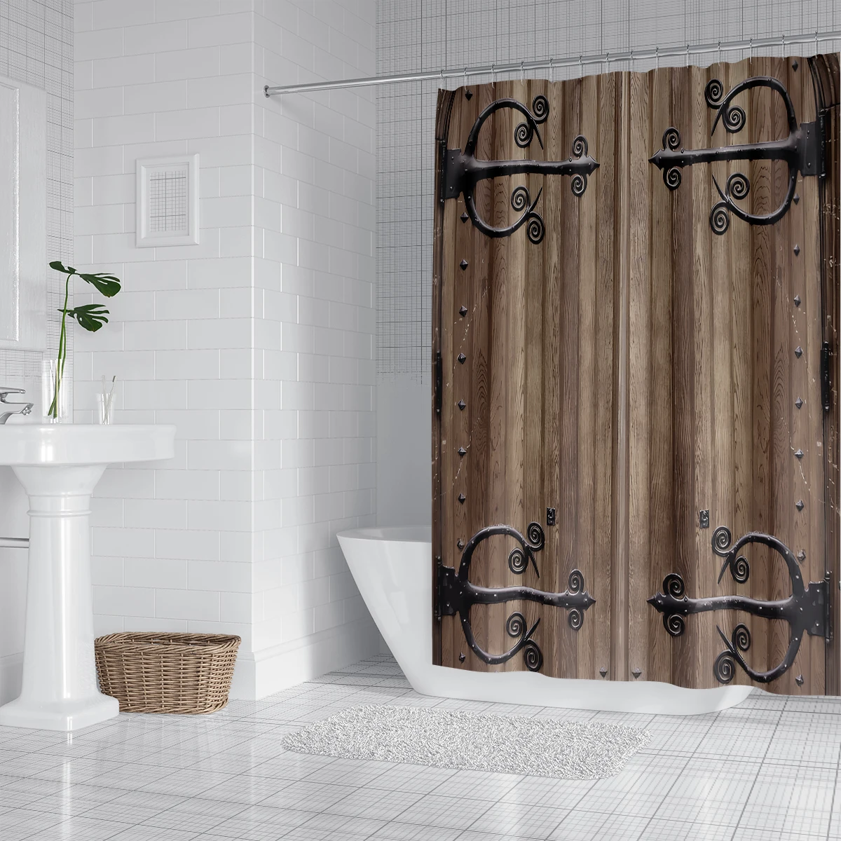 Vintage Wooden Door Shower Curtain Gift Modern Home Bathroom Decoration Curtain with 12 Shower Hooks