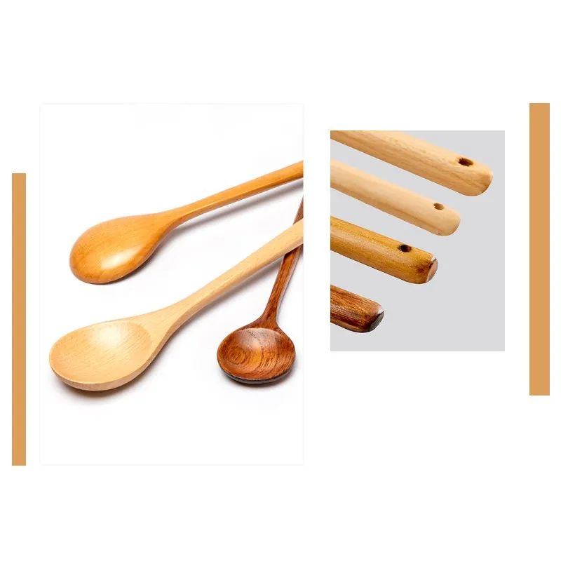 Long Spoons Wooden Natural Round Cooking Spoon for Soup Cooking Mixing Stirr Korean Style Kitchen Utensil Eco-Friendly Reusable