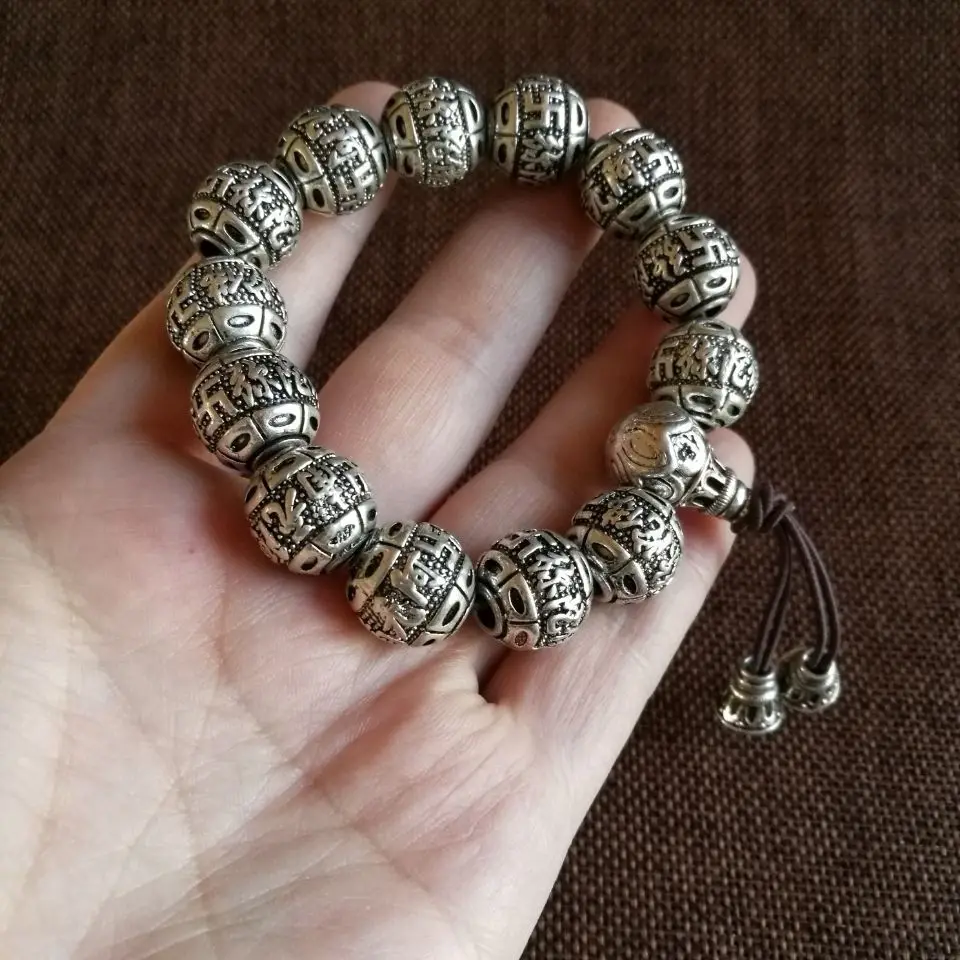 Vintage Chinese Style White Copper Silver Plated Mens Bracelet Engraved Amitabha Buddha Prayer Beads Lucky Blessing Good Fortune