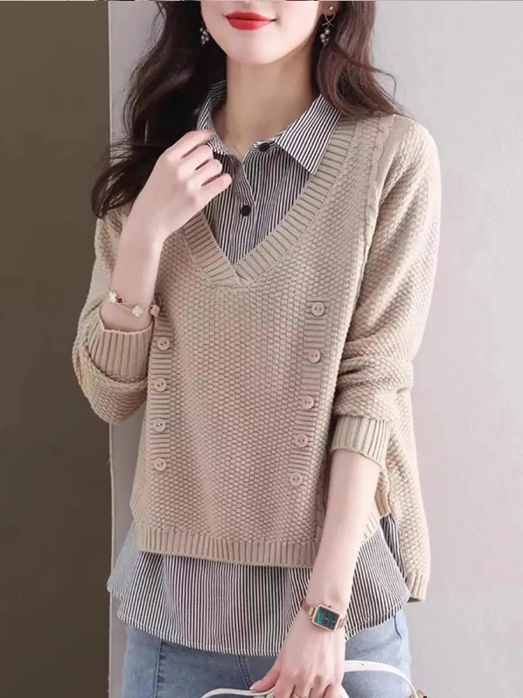 

Spring Faion Loose Doll Collar irt Inner Wear Commute Design Sense Fake Two-Piece Long Sve Striped Henry irt