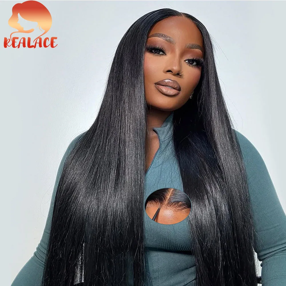 

Realace Pret Cut Straight Human Hair Wig Lace Frontal Wig1B Nature Color Free Part HD Lace 4x4 5x5 Glueless Straight Wigs Women