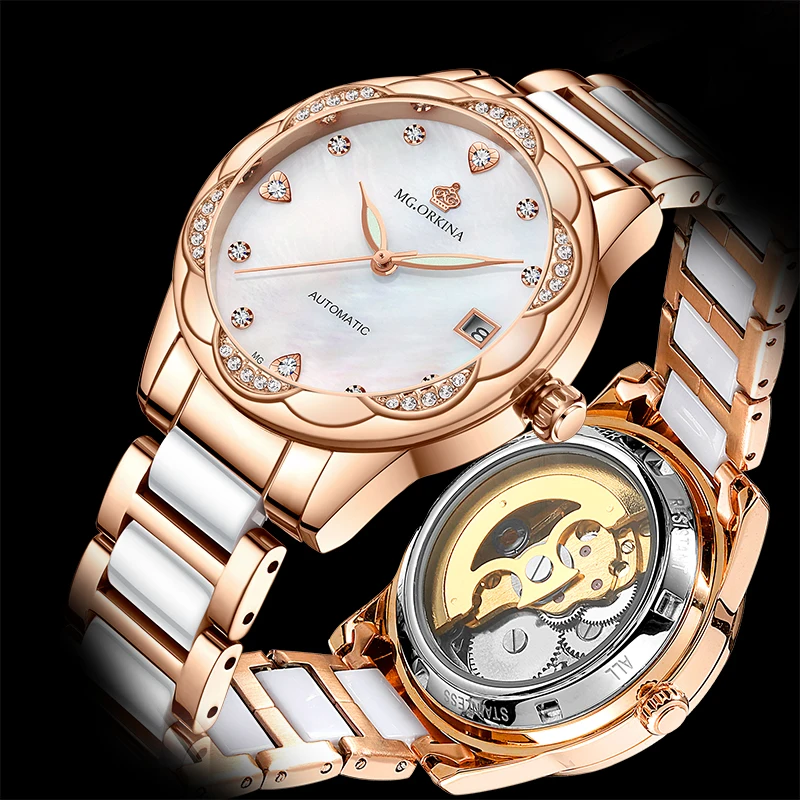 

ORKINA Women Watch Automatic Mechanical Date Calendar Luminous Crystal Ceramic Skeleton Ladies Fashion Casual Dress Wristwatches