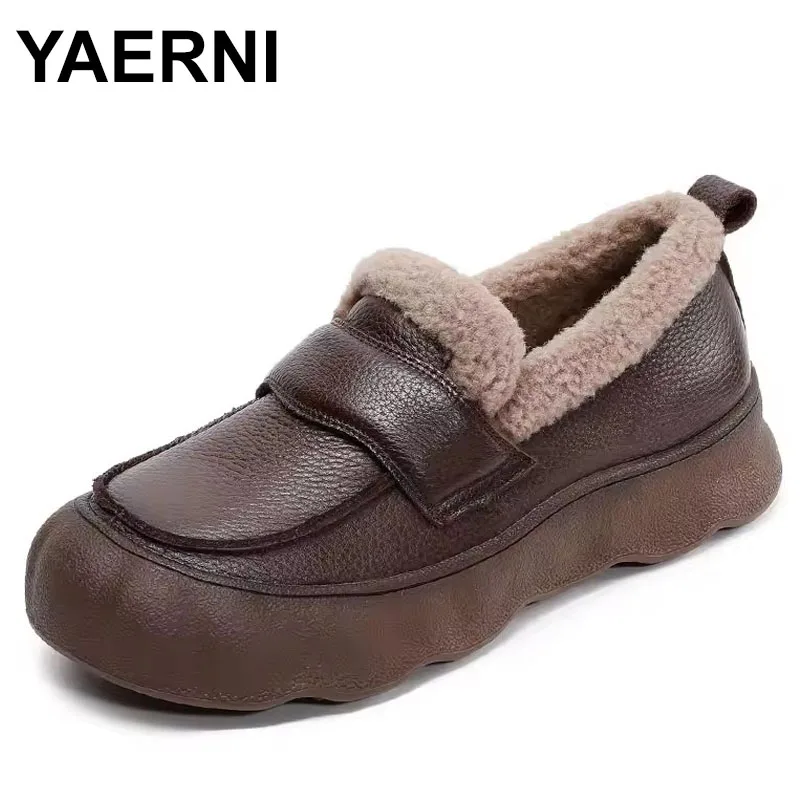 

Fashion Top Laye Cowhide with Velvet Winter Flats Warm Snow Shoes Flat Thick Sole Increase Women Cotton Shoes