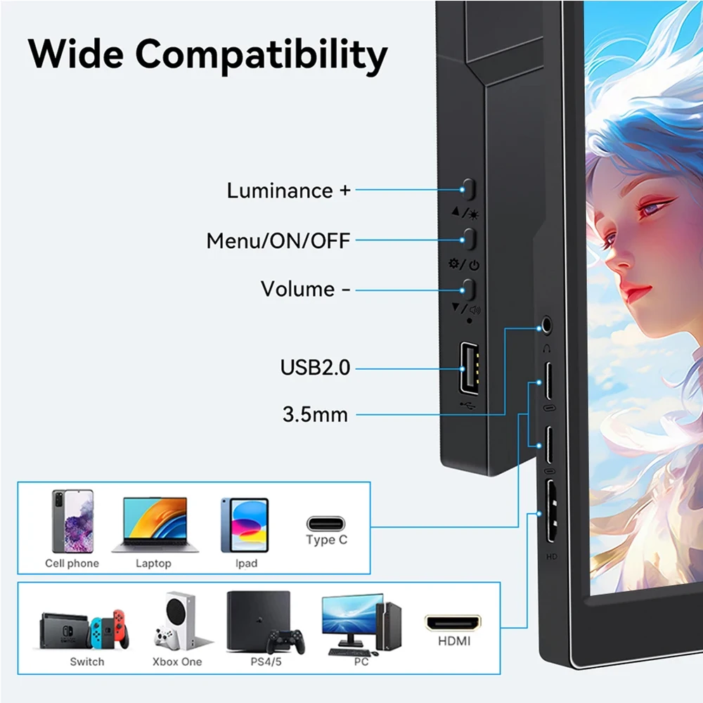 Portable 14 inch touch display 1920x1080 60Hz FHD IPS second screen extender, suitable for laptop Xbox PS4/5 switches