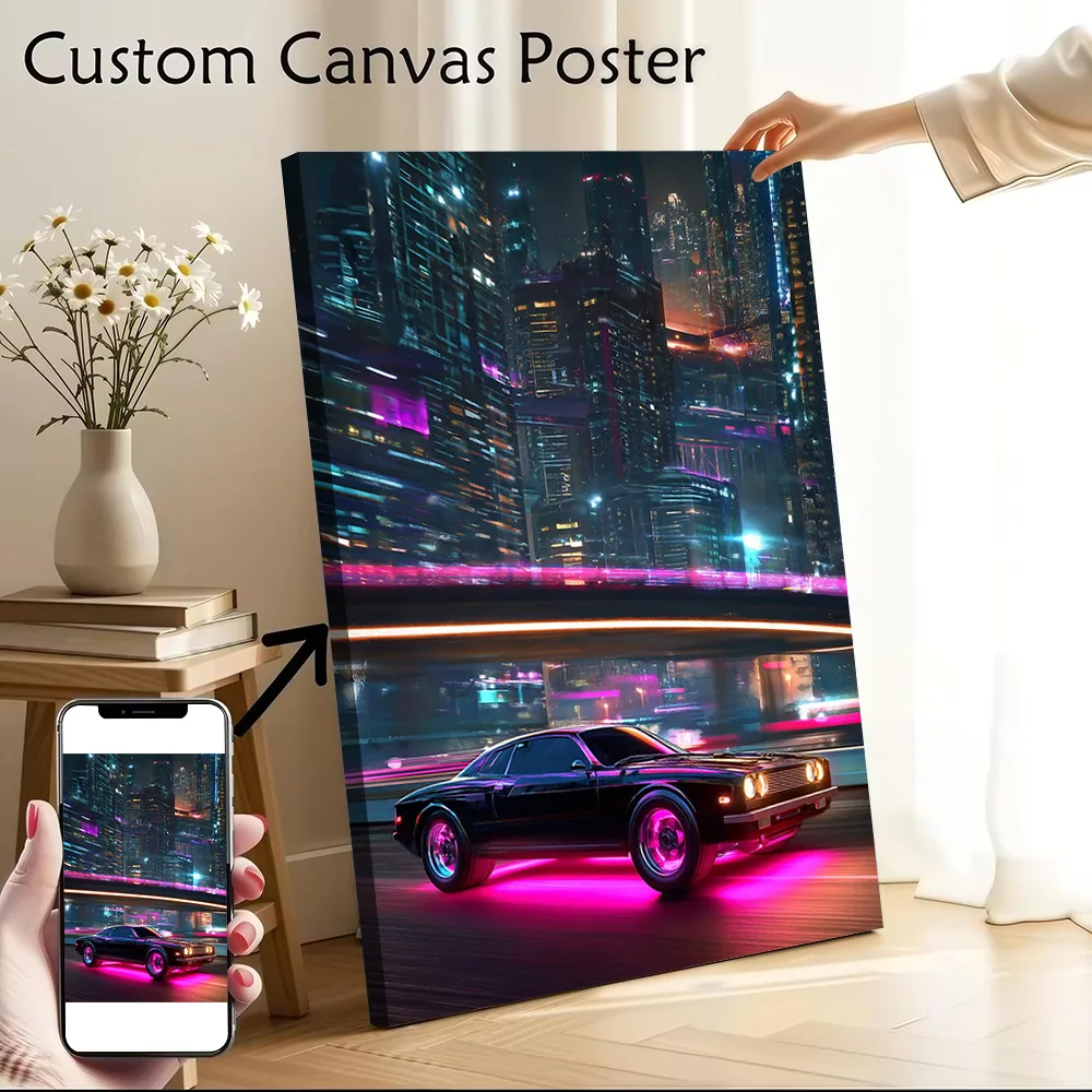 Cyberpunk Car in Neon City Poster Canvas Wall Art Personalized Print Modern Painting Perfect Gift for Vintage Decor Living Room
